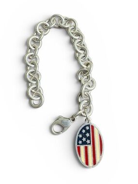 Tiffany & Co. Sterling Silver Link Bracelet with American Flag Charm 2001 925